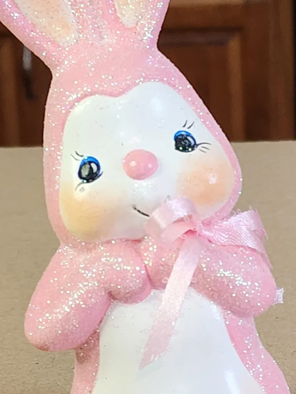 VINTAGE Anthropomorphic Ceramic Bunny Rabbit Pink Glitter Hand Painted Signed